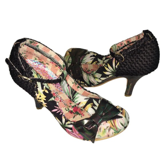 Irregular Choice Shoes - Irregular Choice Bloxy Black Multi Tropical Floral Iridescent Bow Size 7 T Bar